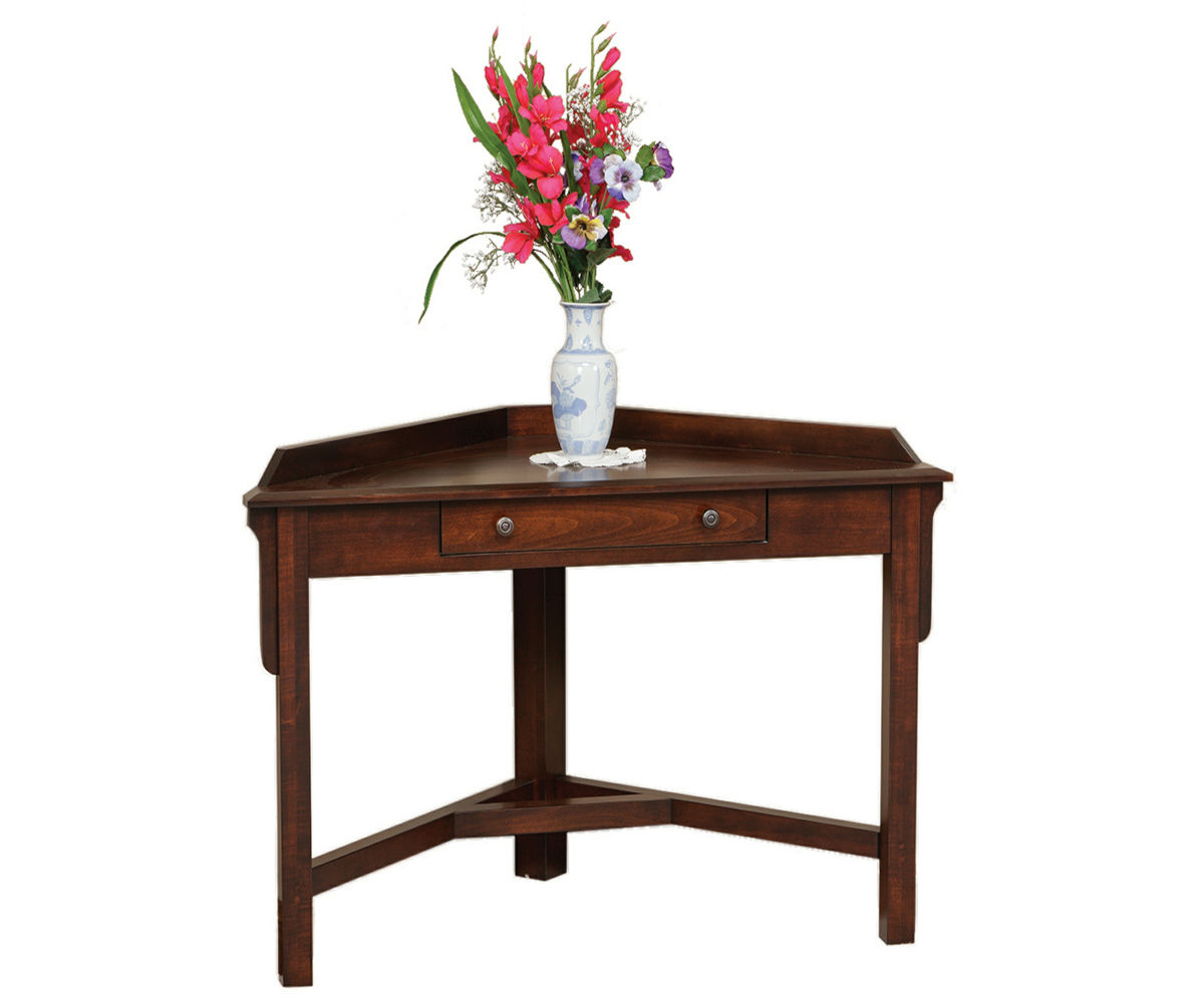 Corner table desk with drawer and flowers, space-saving home office furniture.