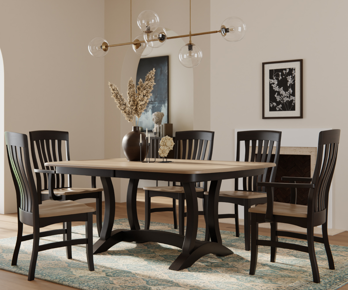 Amish dining room set in black and oak featuring a rectangular table with curved legs, slat-back chairs, and a decorative centerpiece.