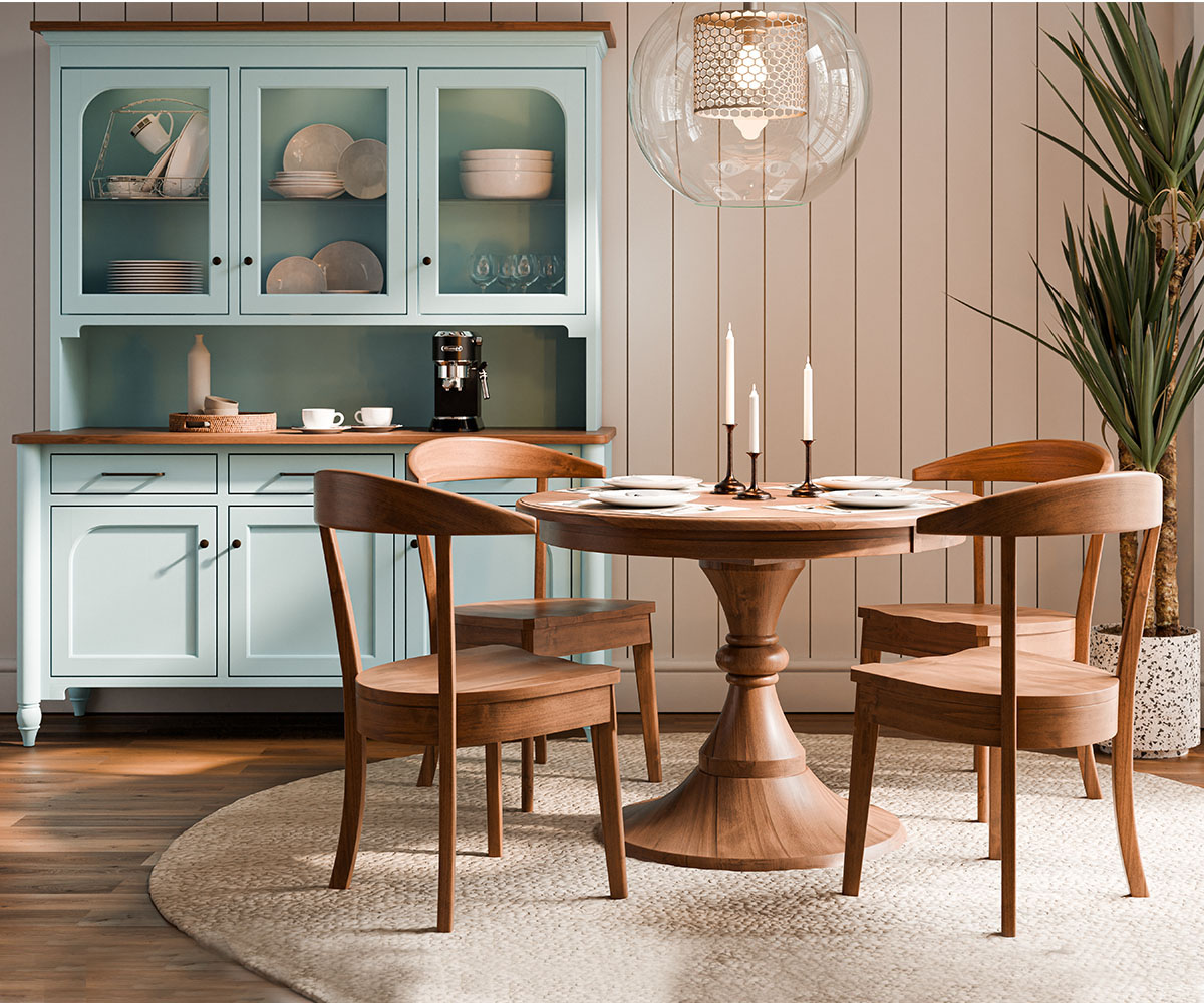 Custom Amish dining set with blue hutch—options that influence hardwood furniture lead times.