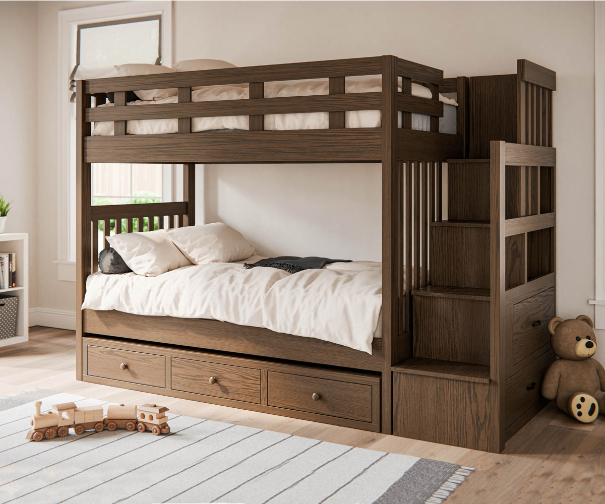 Warm bedroom featuring solid wood furniture, including a Craftsman-style bed frame, matching nightstands, and a chest of drawers in a rich brown finish.
