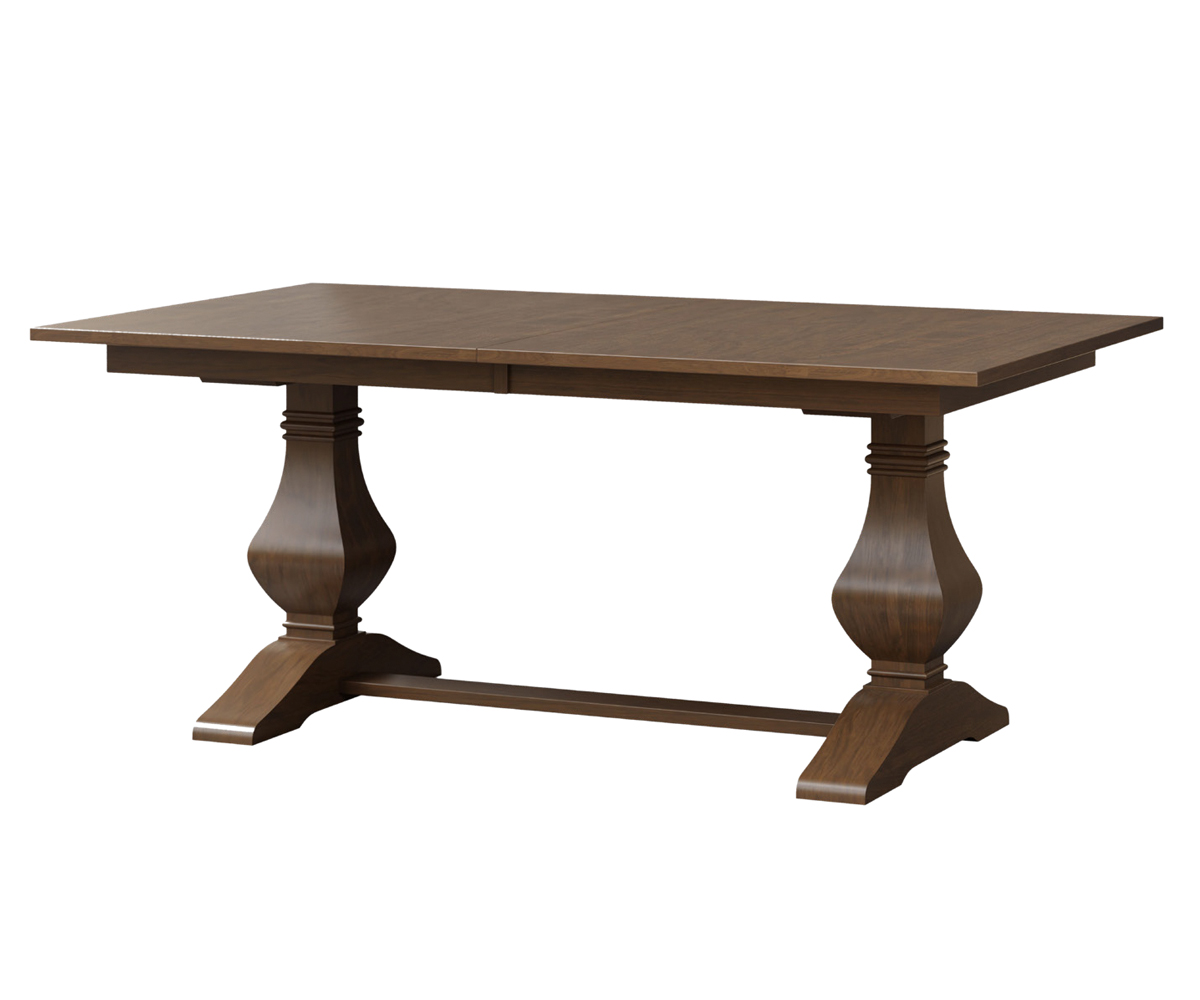 Solid wood extendable dining table with double pedestal base and center leaves.