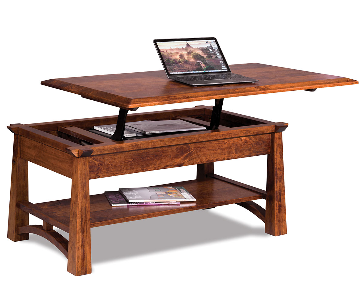 Solid-wood lift-top coffee table opened as a laptop-height desk.