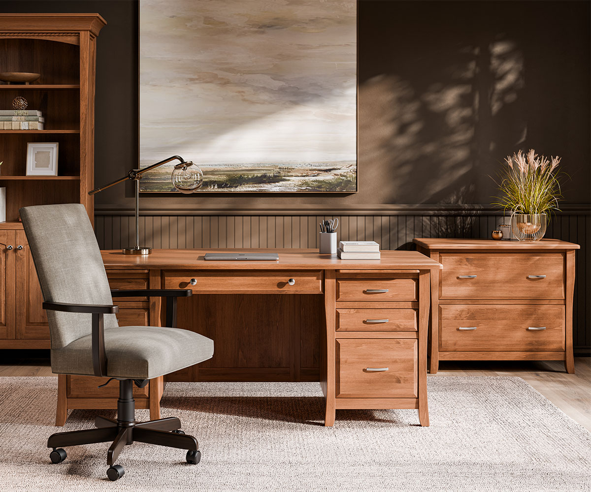 Cozy bedroom with solid wood furniture, featuring a sleek bed frame with slatted accents and a matching two-drawer nightstand in a dark wood finish.
