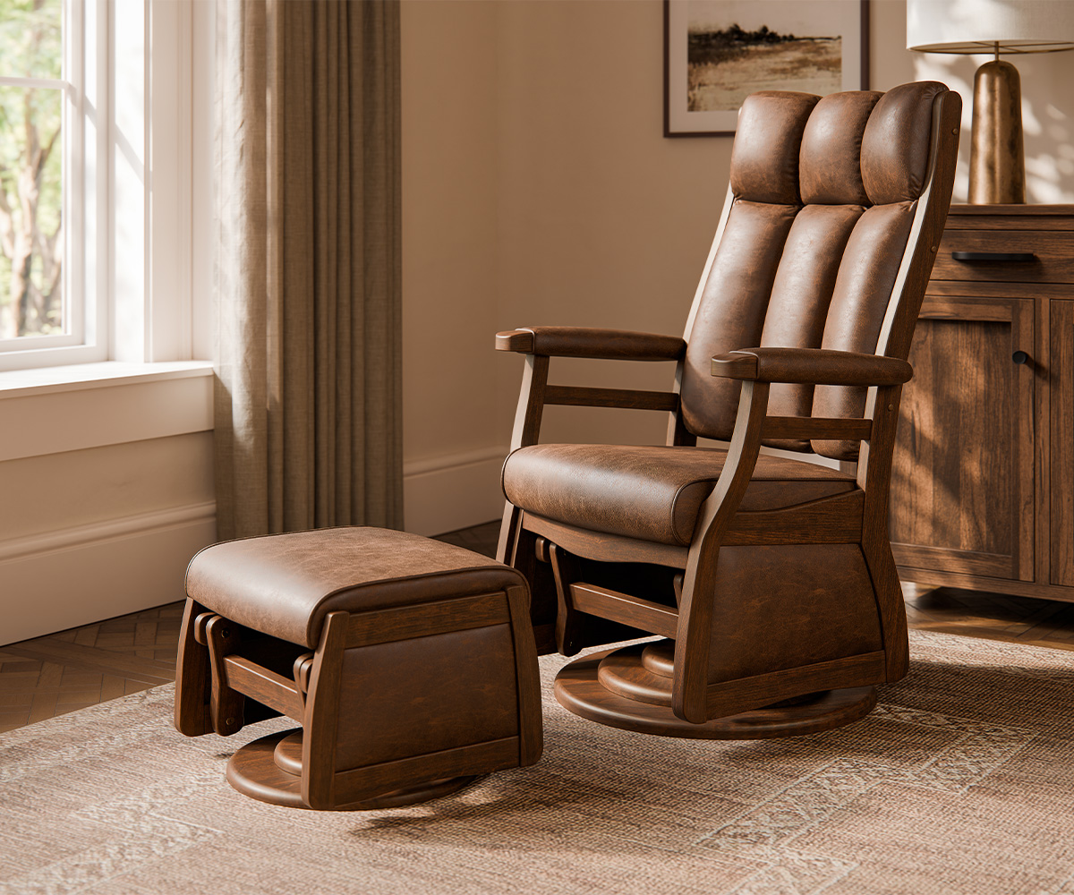 Upholstered glider chair with ottoman in a warm nursery corner