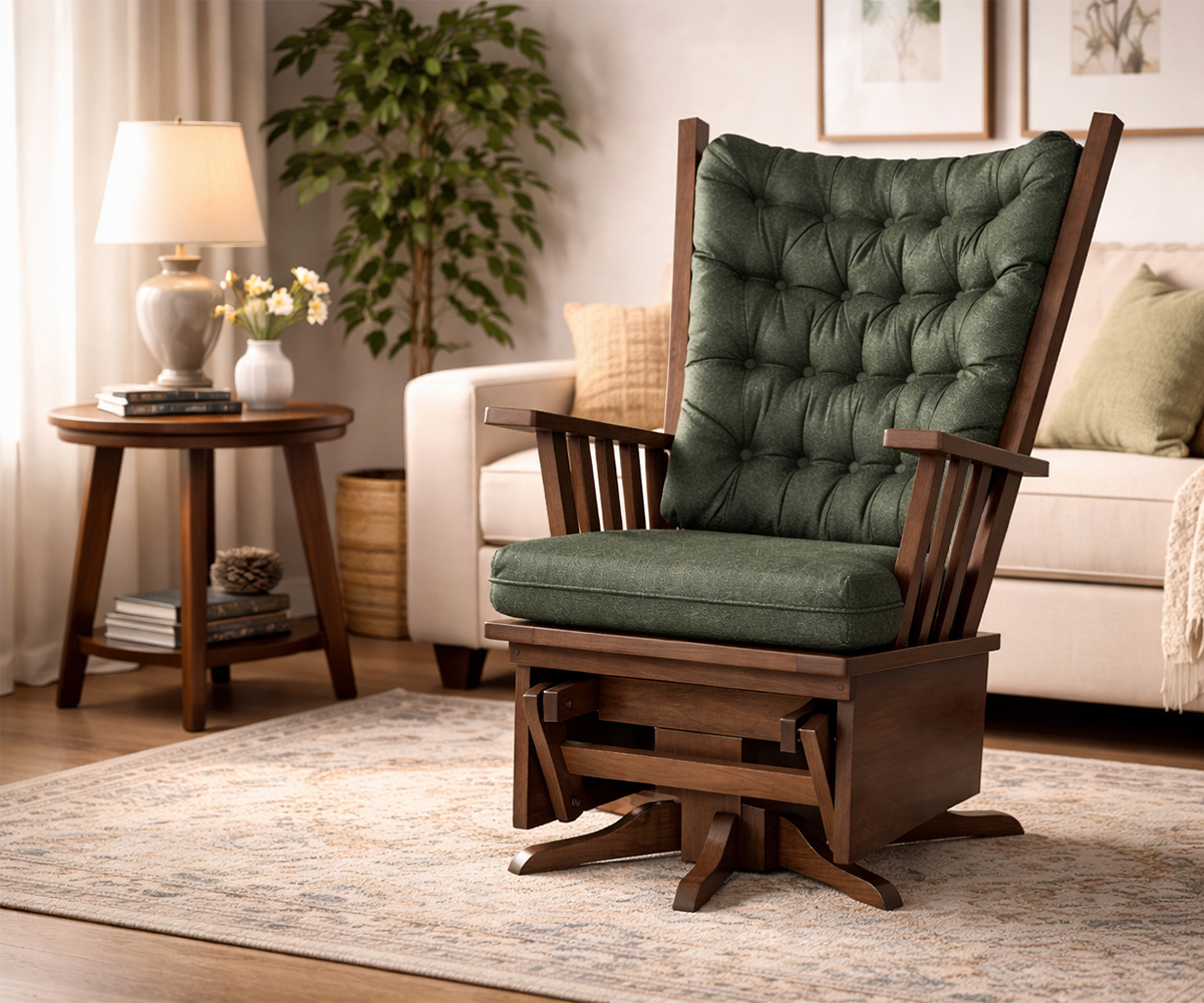 Green upholstered glider chair with ottoman in a living room