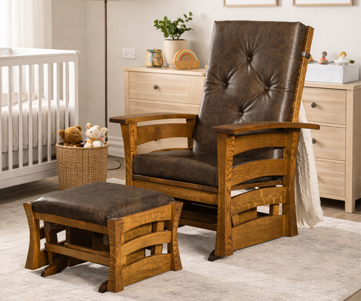 Amish glider chair with matching ottoman in a nursery