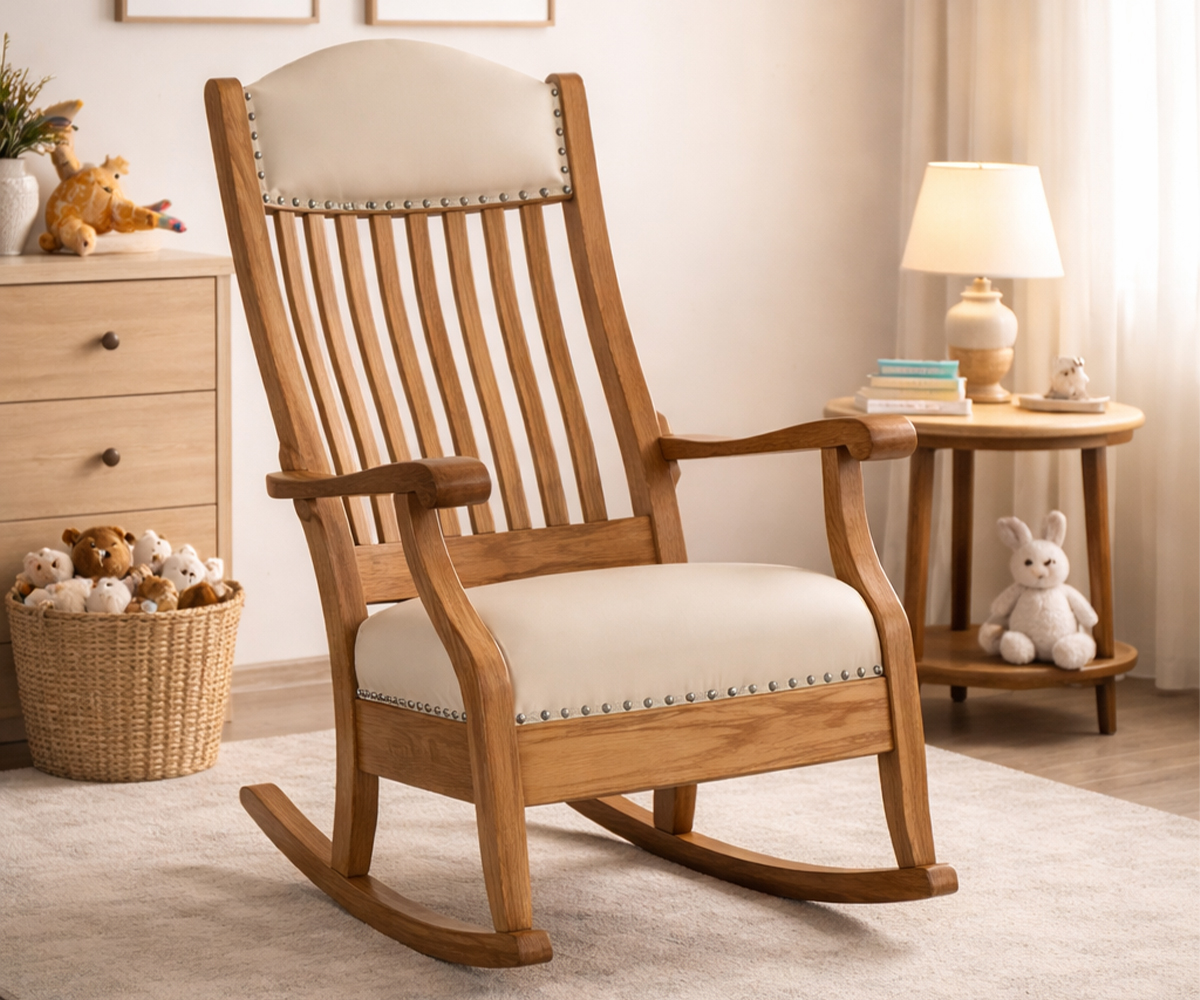 Light wood nursery rocking chair with a cream cushion