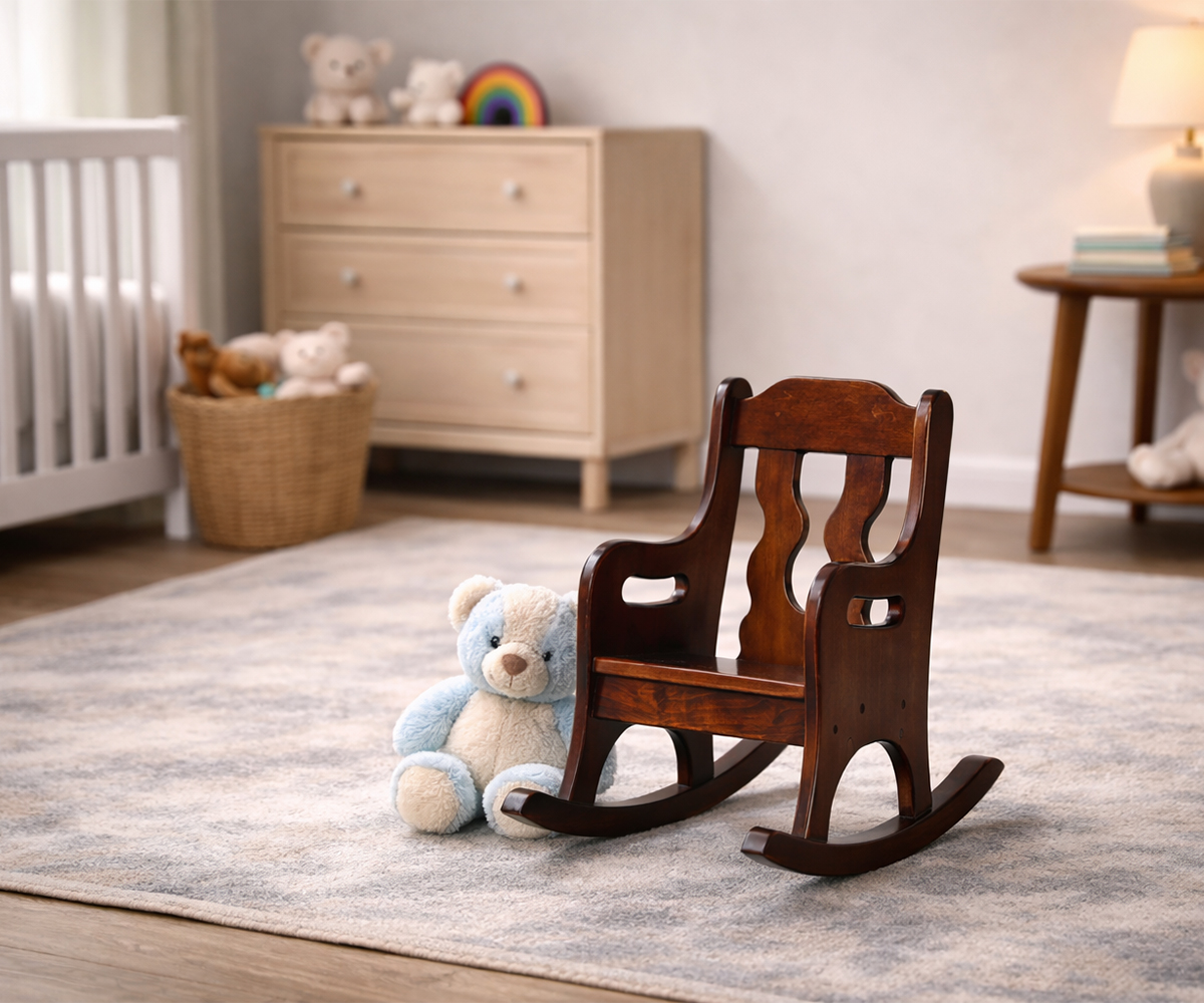 Small child’s rocking chair in a nursery with stuffed animals