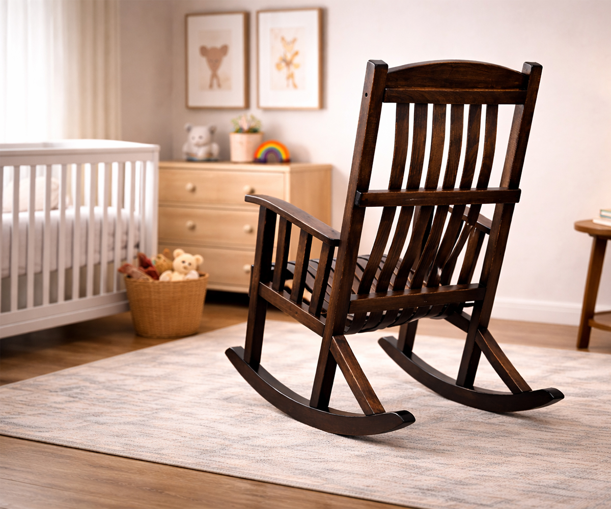 Dark wood rocking chair beside a crib in a nursery