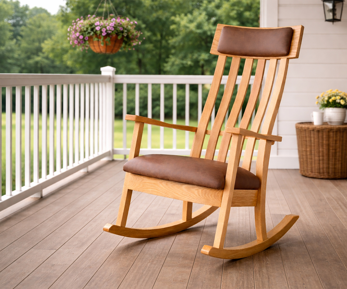 Outdoor wooden rocking chair on a covered porch